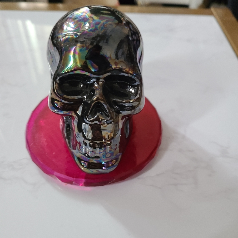 Silver and black iridescent oil slick ceramic skull